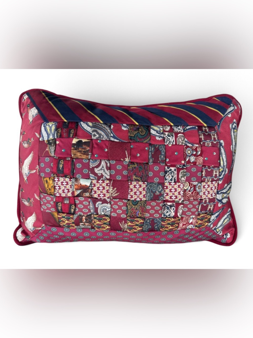 Silk Tie Patchwork Accent Pillow in Burgundy Harvard Stripes Equestrian Ducks